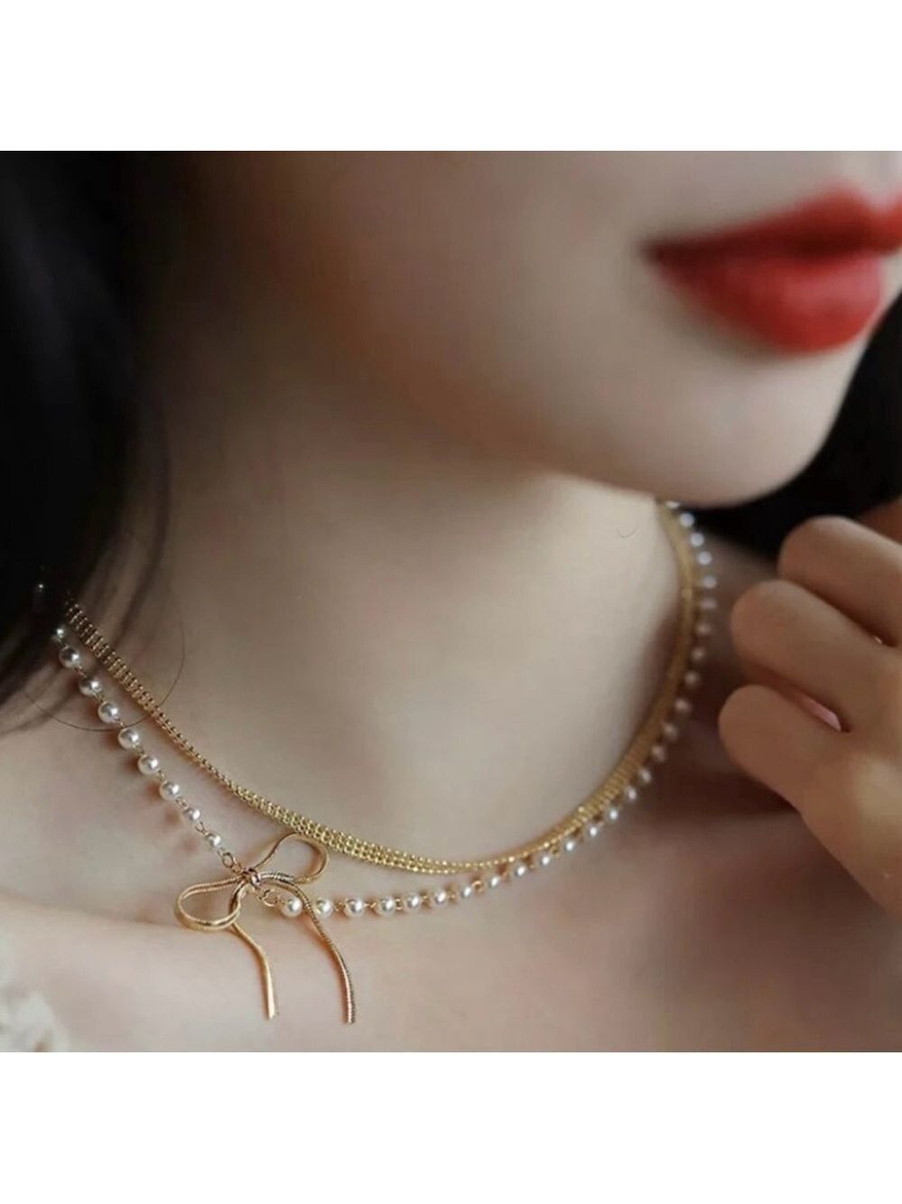 Gold Bow & Pearl Double Strand Layered Necklace 18K Gold Plated Delicate Elegant